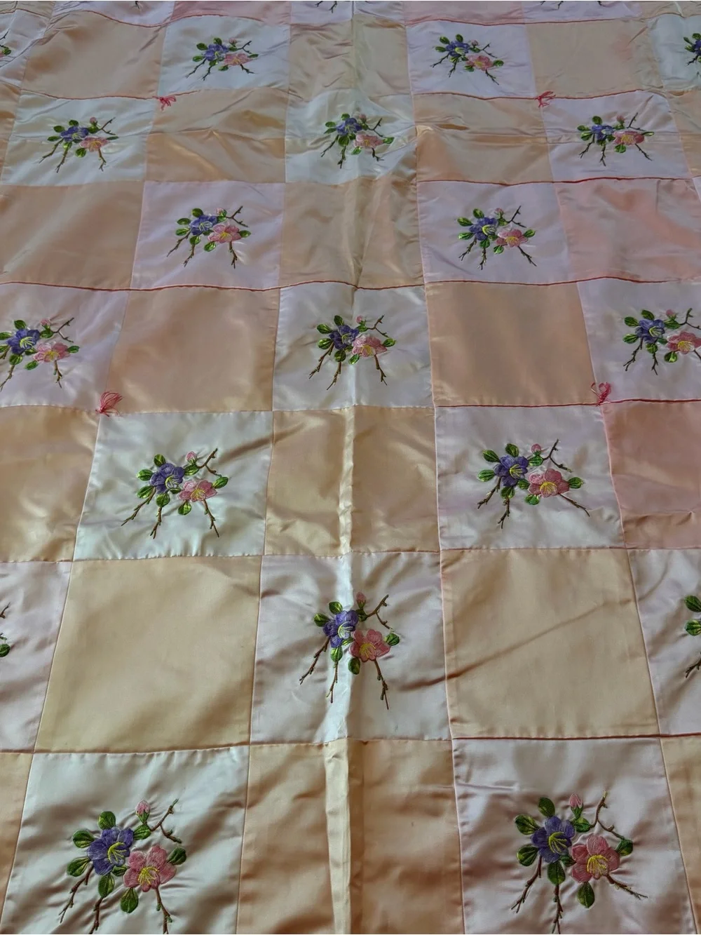 Rare Handmade Vintage Satin Embroidered Floral Bedspread Coverlet 74” x 86”